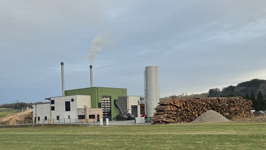 Nahwärmeanlage mit grünem Gebäude und Holzstapeln, rauchende Schornsteine, grüne Wiese im Vordergrund