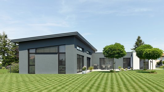 Rückansicht des modernen Bungalows mit Garten und Terrasse