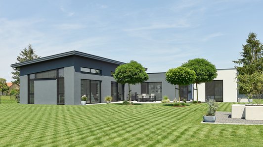 Bungalow mit Flachdach und gepflegtem Garten, Rückseite des Hauses