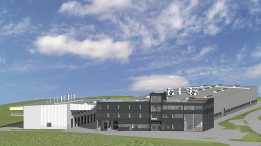 Gesamtansicht des geplanten Lasco Werkskomplexes, mit Verwaltungsgebäude und Produktionshalle