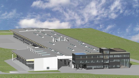 3D-Ansicht der Produktions- und Bürogebäude von Lasco, mit Dachansicht