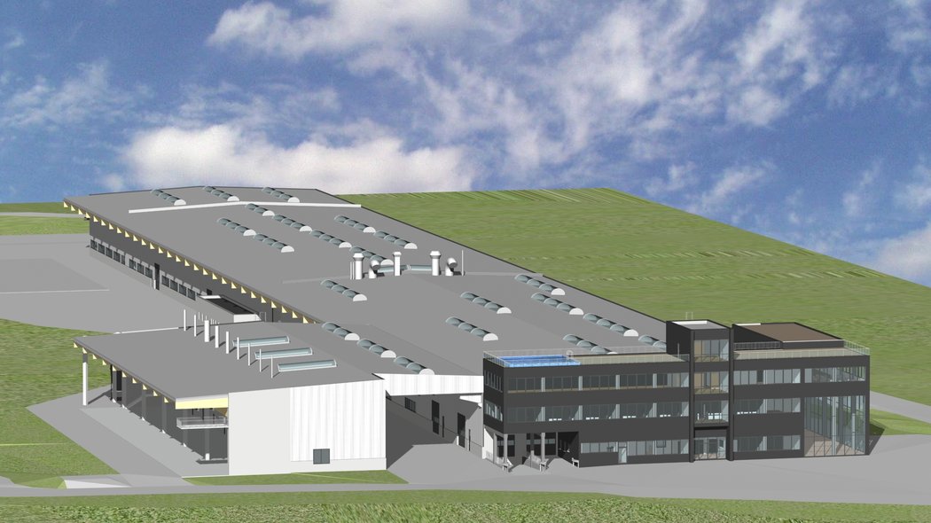 3D-Ansicht der Produktions- und Bürogebäude von Lasco, mit Dachansicht