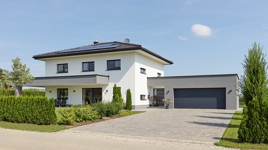 Massives Ziegelhaus mit umlaufender Terrasse Außenansicht mit Garage