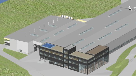 Vogelperspektive des Lasco Werksgeländes, einschließlich Produktionshallen