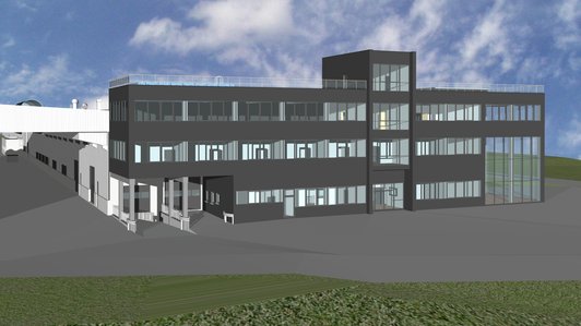 3D-Modell des neuen Lasco Hauptgebäudes mit Glasfassade